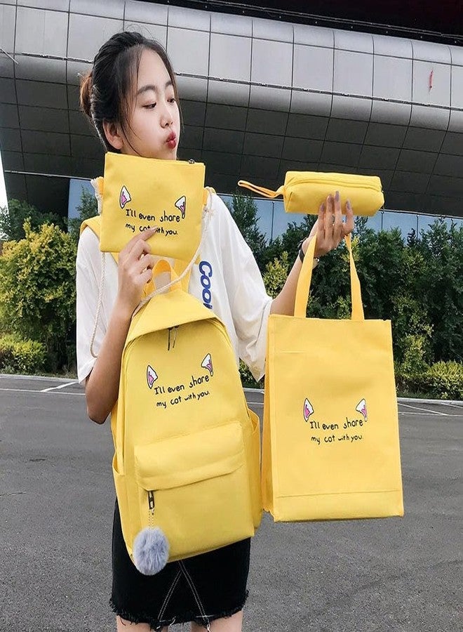 junelux Fashion Trend Girl Backpack School Bag | Student Backpack Set Cute Pink College 4-Piece Set Canvas Polyester Cartoon (Pink) - Image 4